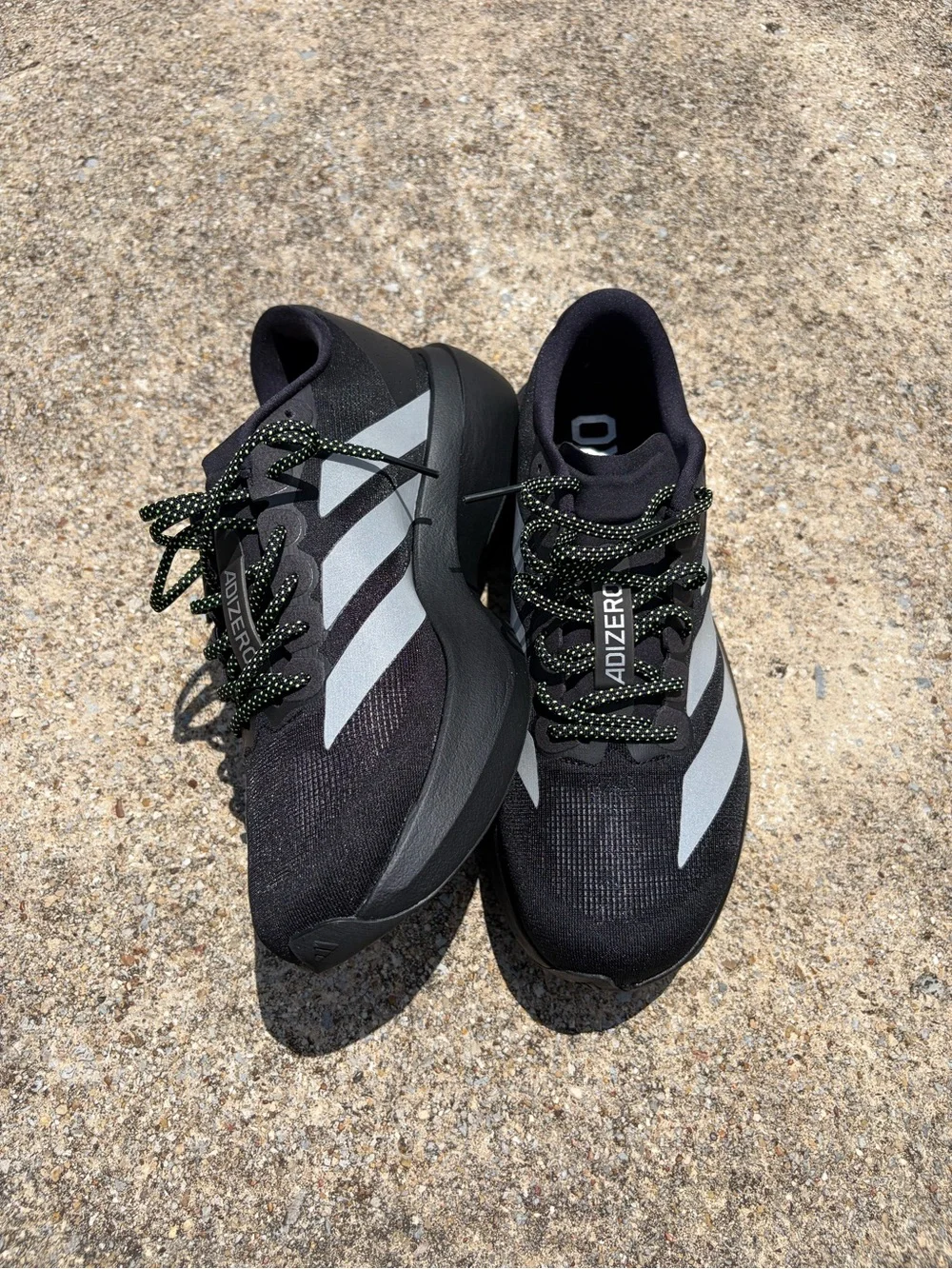 ADIDAS “Adizero Evo SL M” KJ1365 CBLACK/SILVMT (SZ 11) Reflective & Solid Laces
