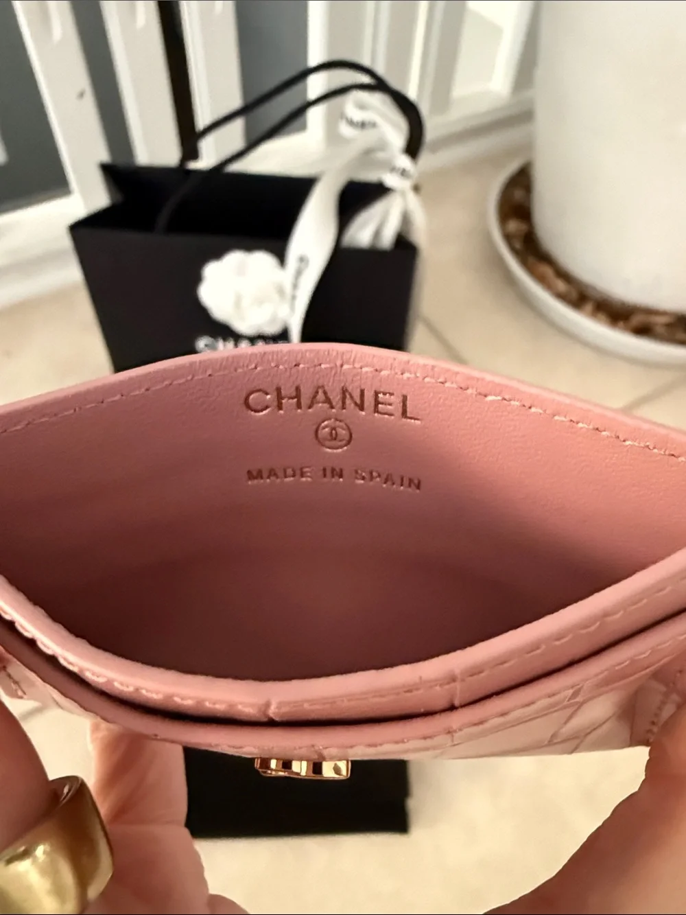 CHANEL Pink Croc-Effect Card Case with Gold CC