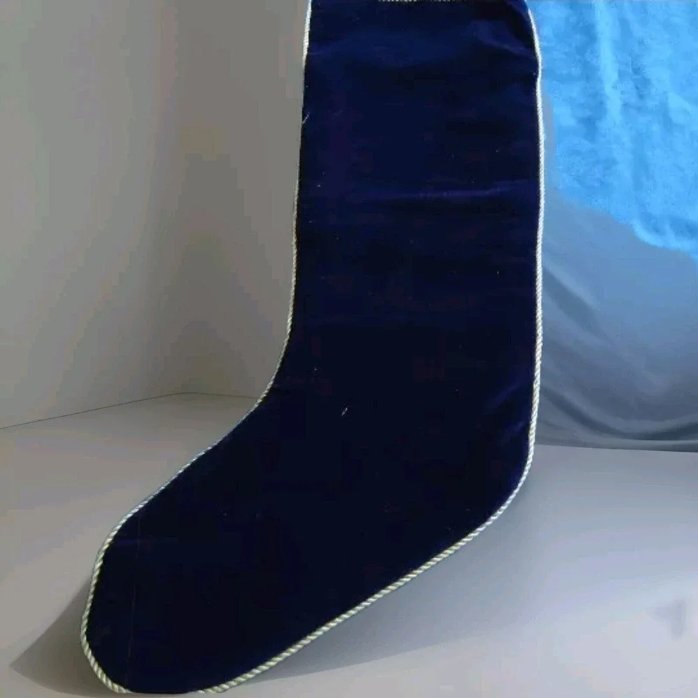 Christmas Stocking Needlepnt NOEL Bears‎ Navy Blue Velvet Gold Trim X Stitch EUC