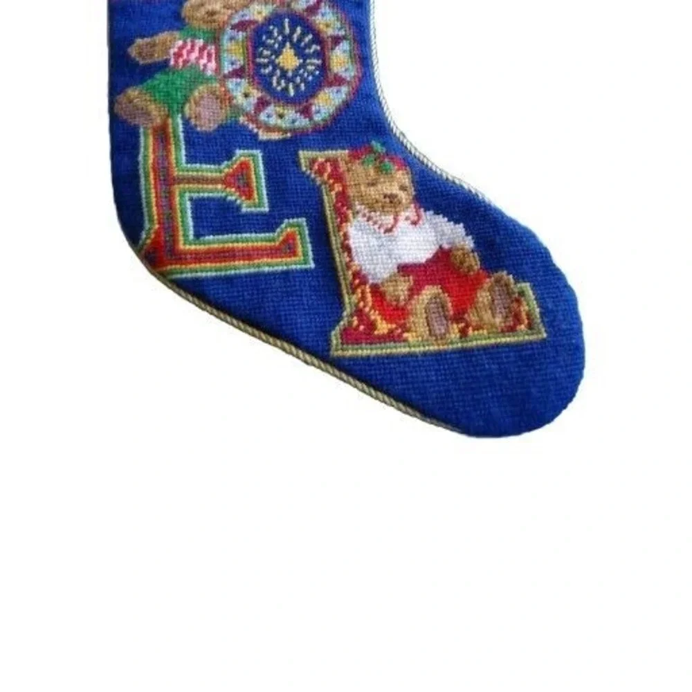 Christmas Stocking Needlepnt NOEL Bears‎ Navy Blue Velvet Gold Trim X Stitch EUC