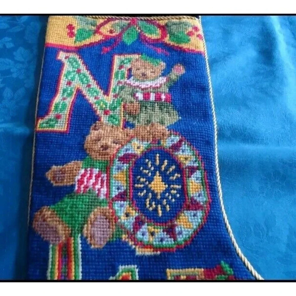 Christmas Stocking Needlepnt NOEL Bears‎ Navy Blue Velvet Gold Trim X Stitch EUC