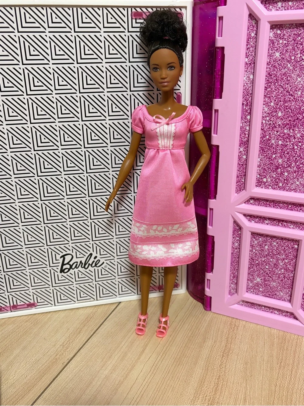 Barbie Pink Dress Doll with Dark Skin and Black Hair