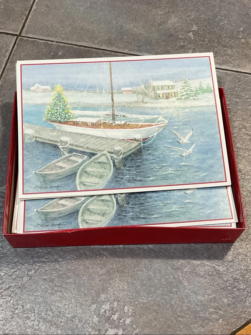 Holiday Harbor Christmas Cards - Red Border, Blue Scenic Design