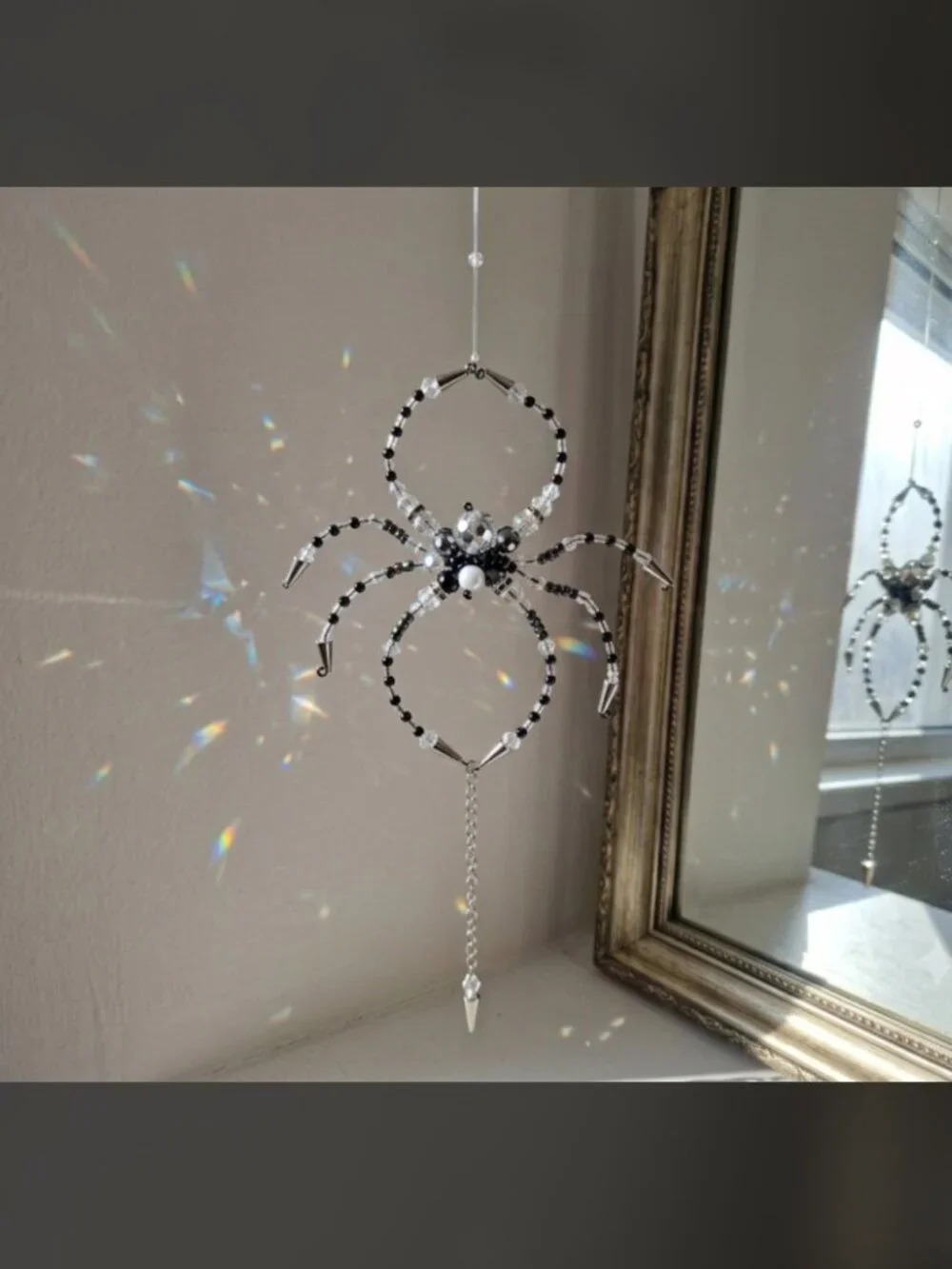 Black & White Beaded Spider Suncatcher - Handmade Gothic Window Decal