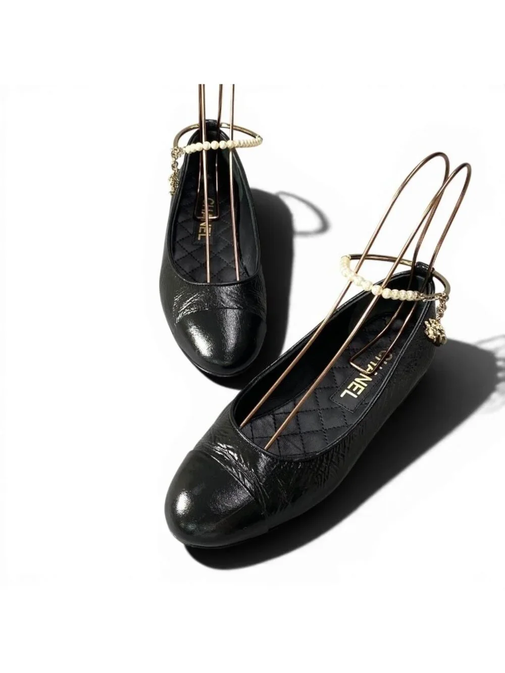 Chanel Ballerina Pearl Anklet CC Logo Flat Pumps 36 Black