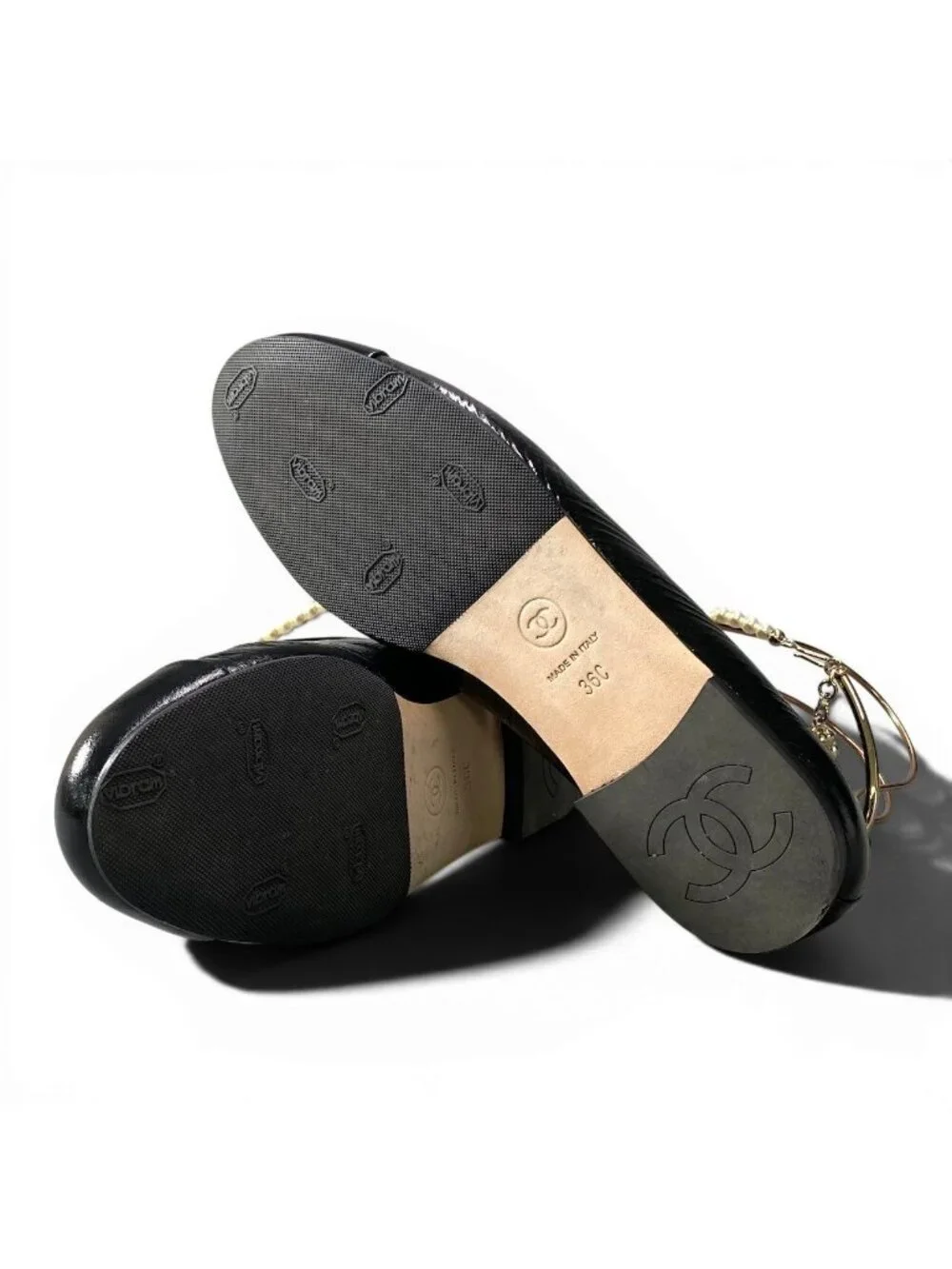 Chanel Ballerina Pearl Anklet CC Logo Flat Pumps 36 Black