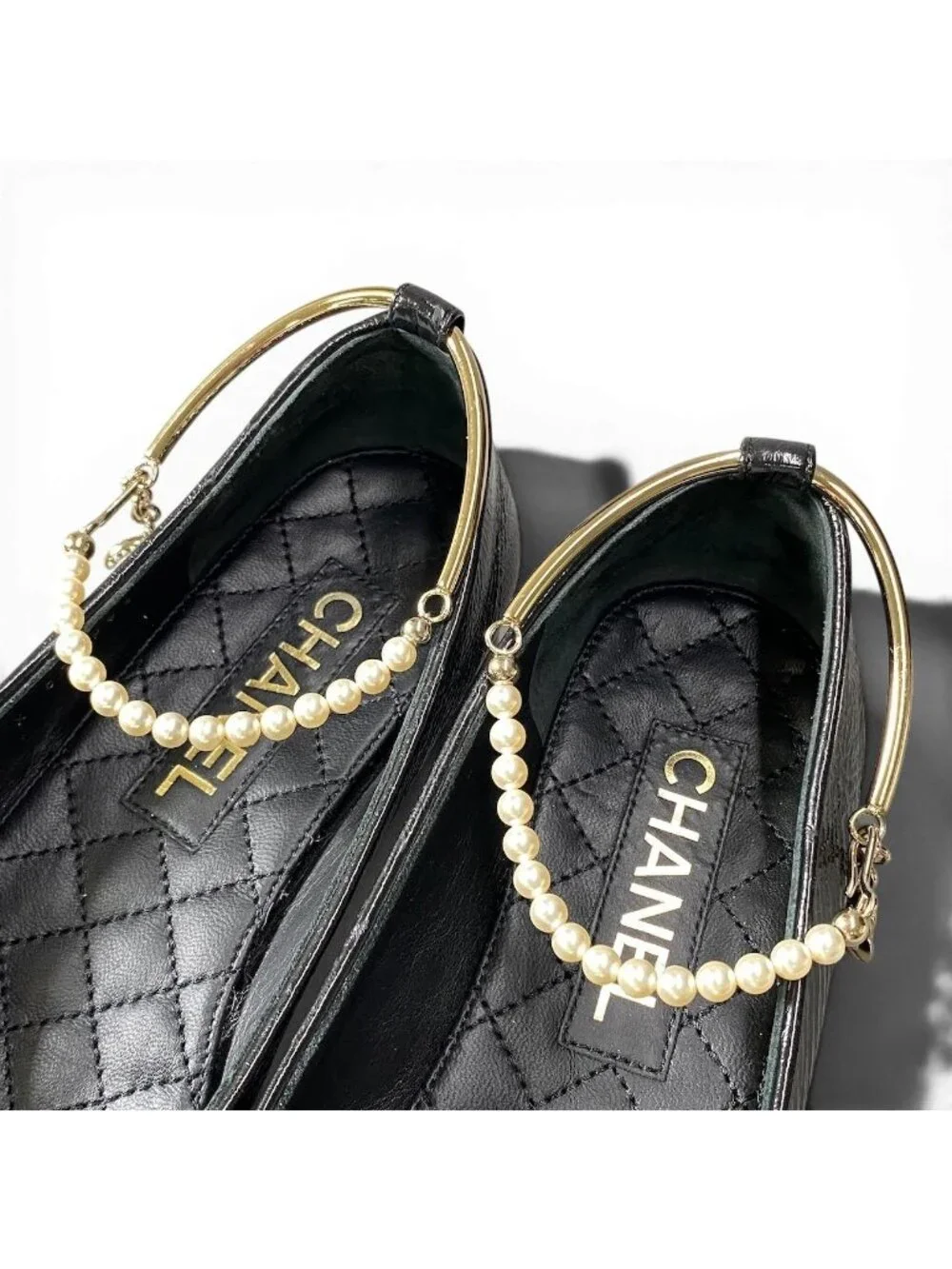 Chanel Ballerina Pearl Anklet CC Logo Flat Pumps 36 Black