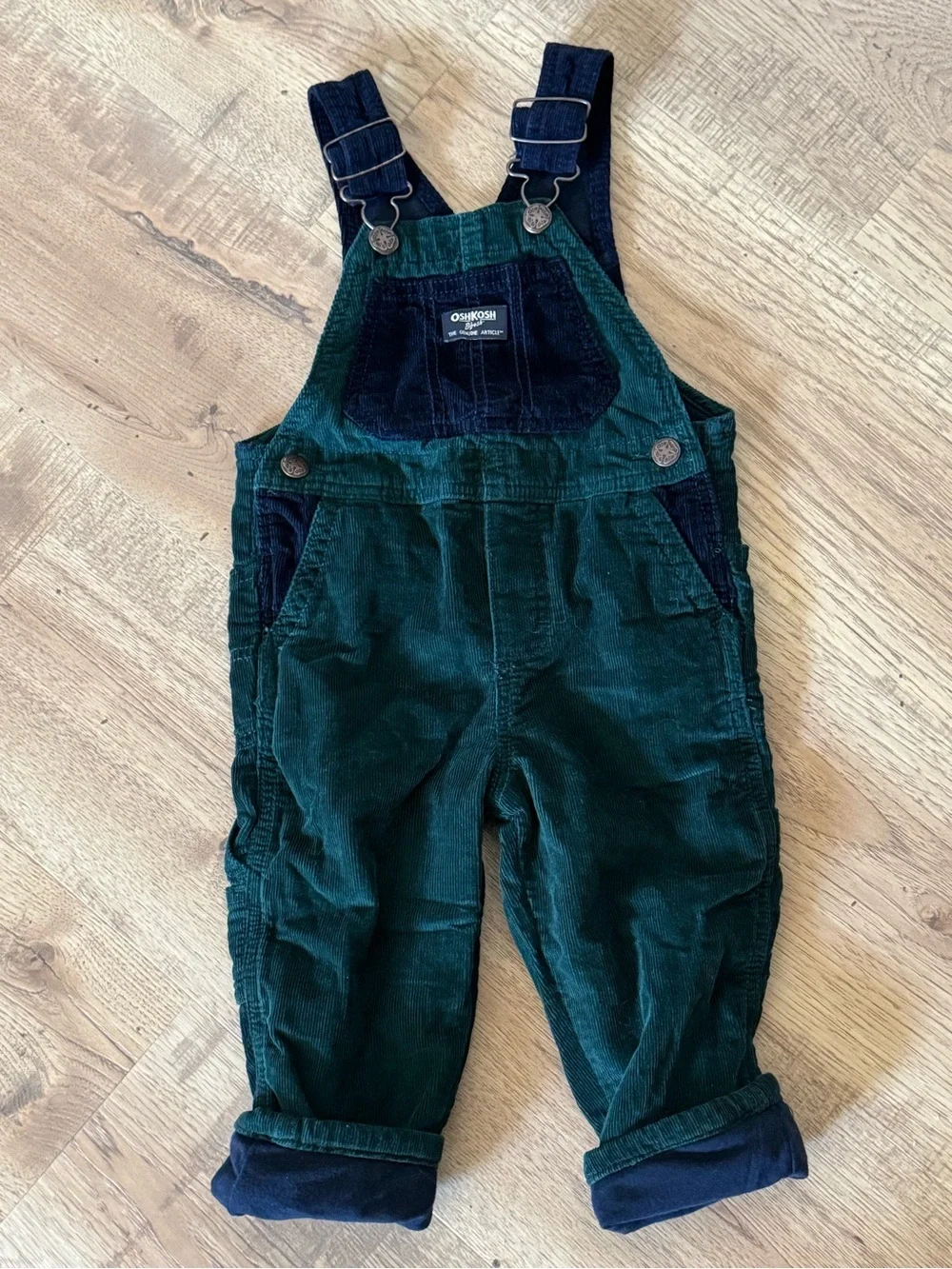OshKosh B’gosh 2T Green & Navy Corduroy Lined Overalls