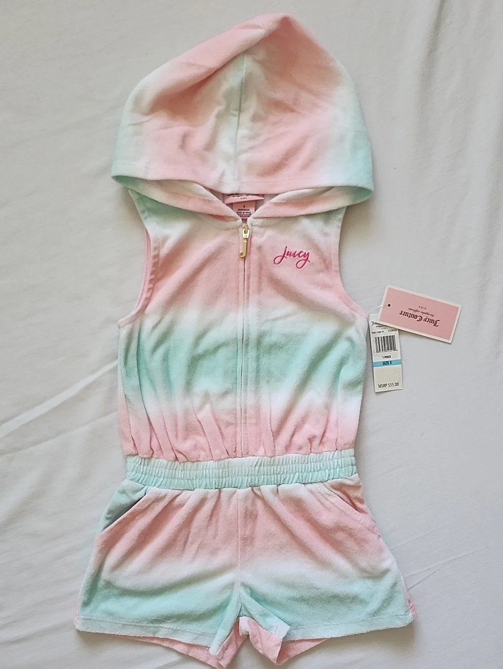 NWT Juicy Couture Kids Girl Tie Dye Velour Hooded Romper Size 5