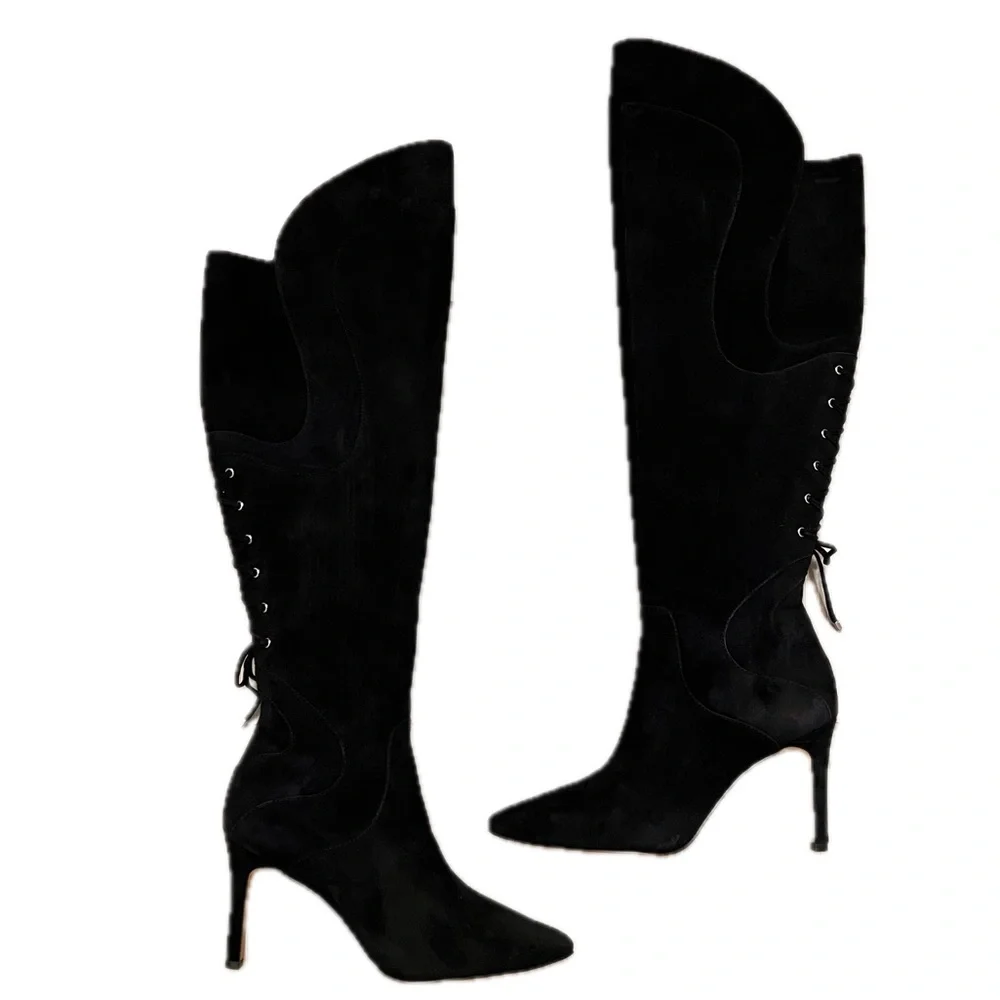 Adrienne Vittadini Over The Knee Black Suede Leather Boots 6 stiletto heel ties