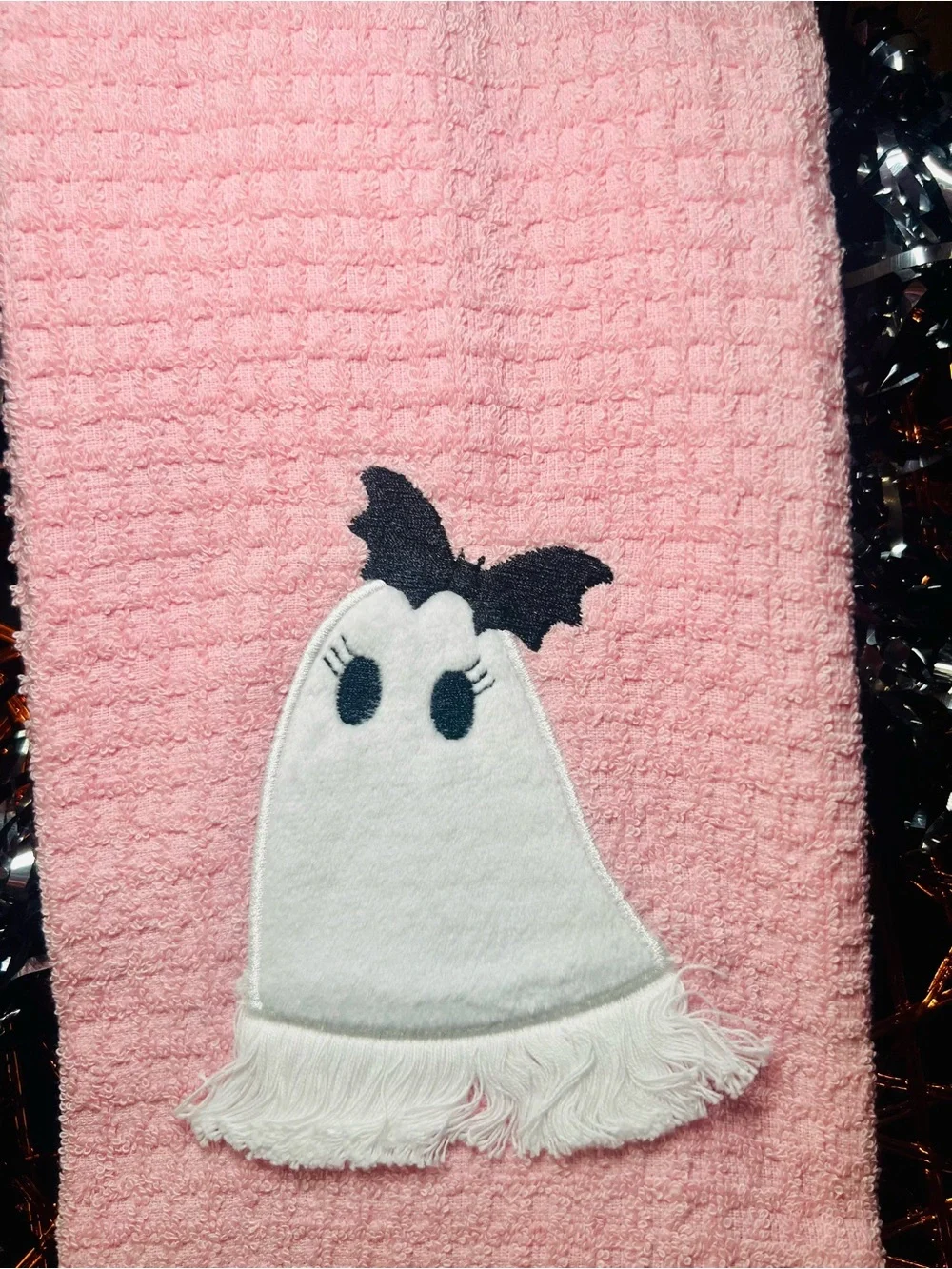 3 Halloween Kitchen Towels Ghost Applique Bright & Light Pink Orange Waffle