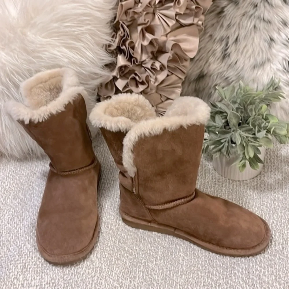 Bear Paw Women’s Suede Sheepskin/Wool Blend Abagail Cognac Winter Snow Shoes 7