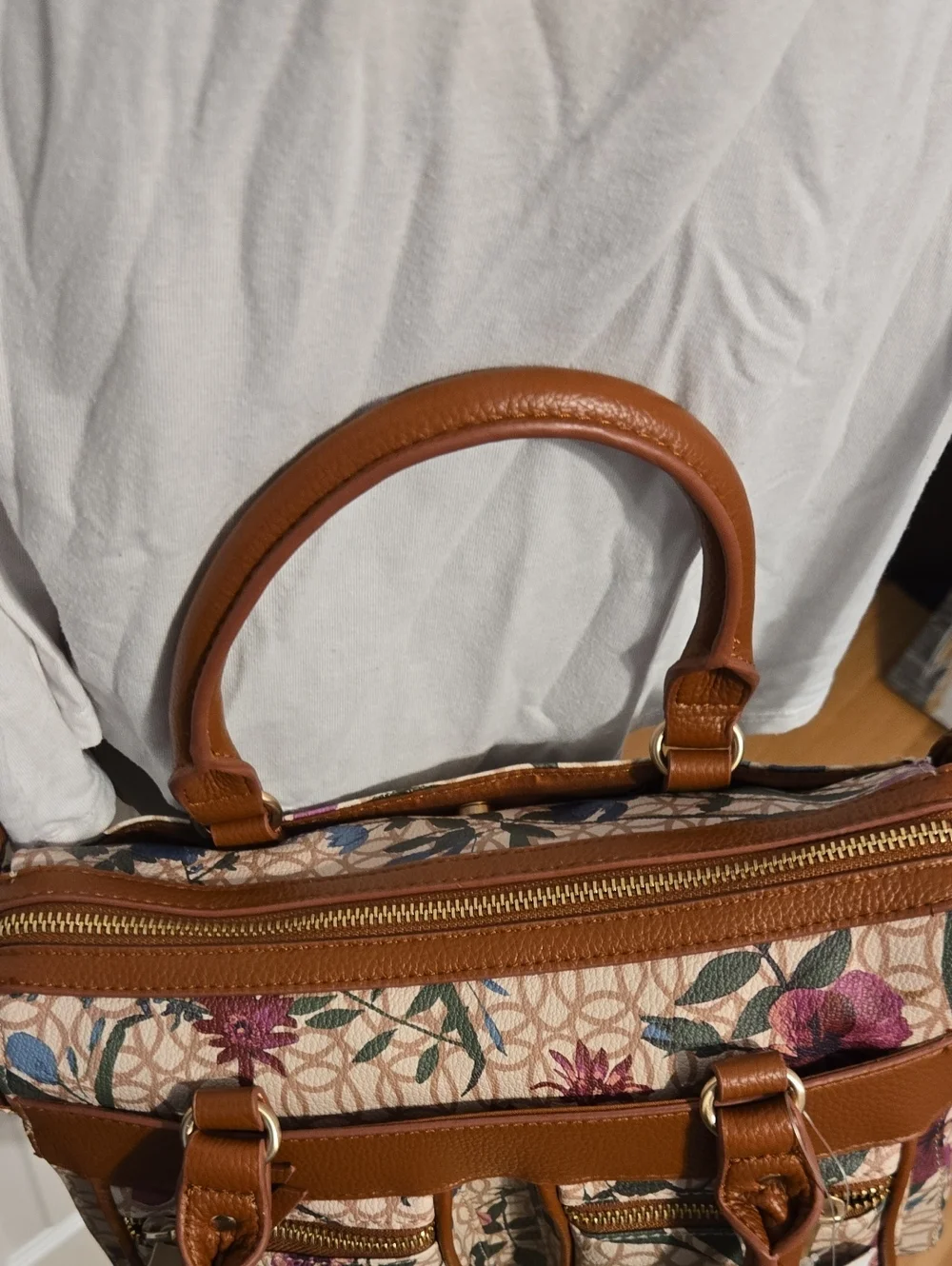 Floral Satchel Handbag With Ctossbody Strap - Brown Trim