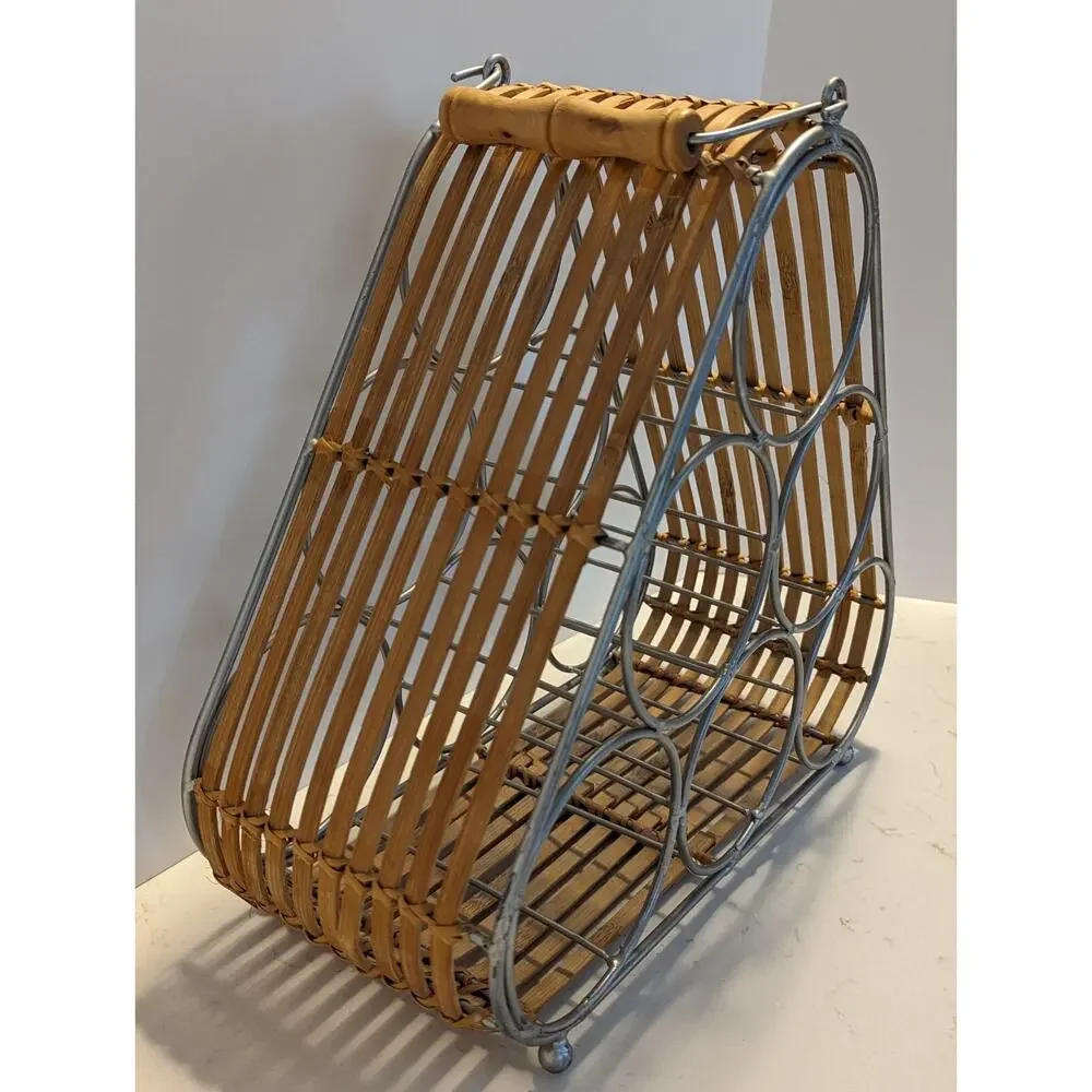 Wine Rack Wicker Bamboo Ratan Metal W/Handle Boho Modern Hippie Natural Earthy