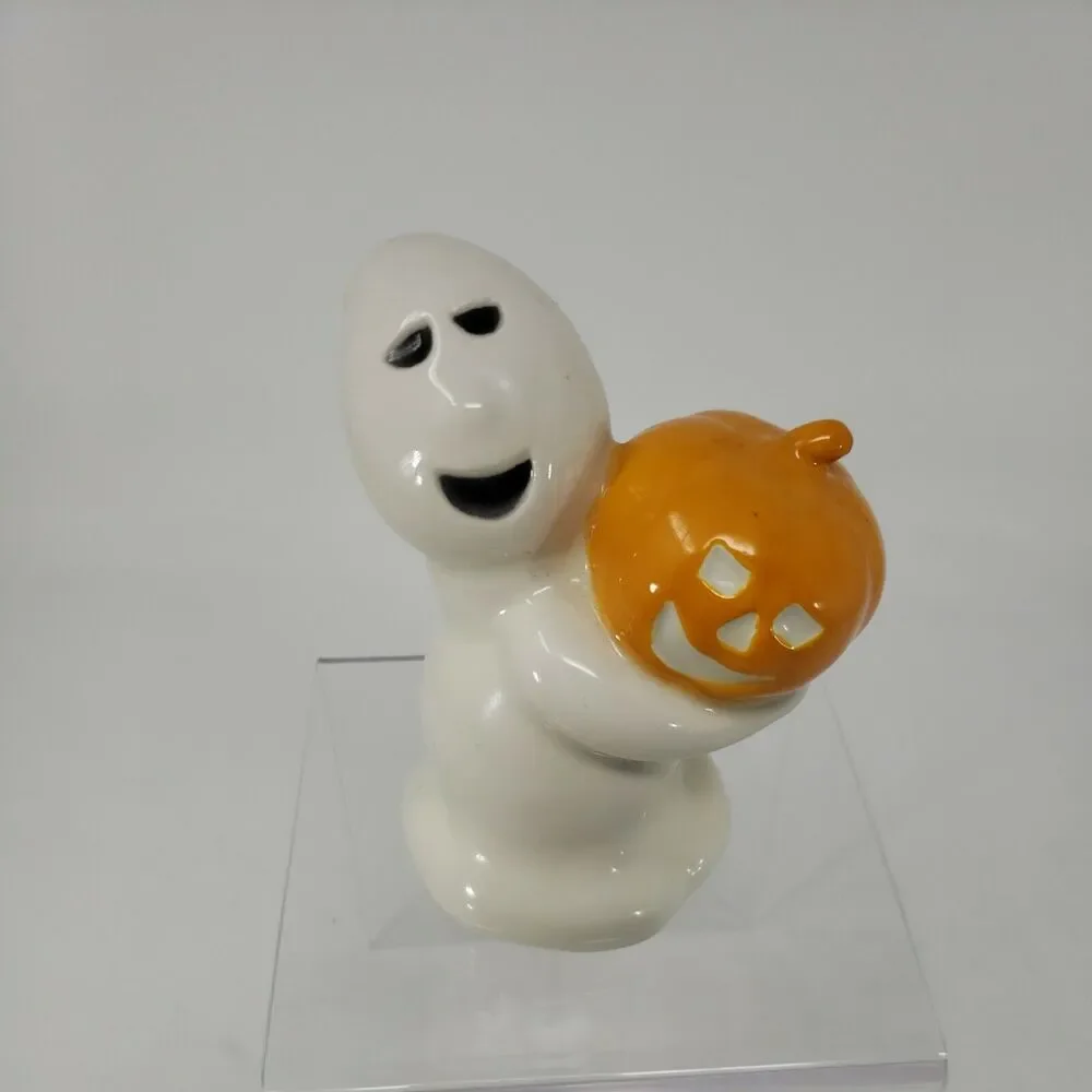 Halloween Ghost Holding Jack O'Lantern Pumpkin Ceramic  VTG Figurine Iowa USA