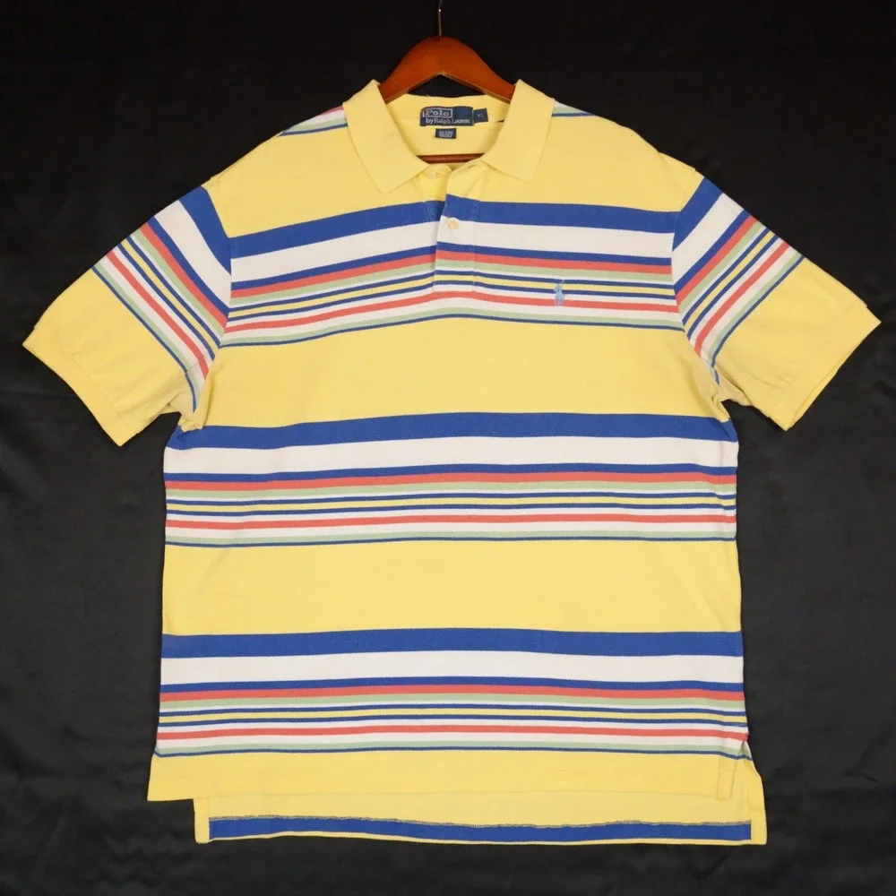 Polo Ralph Lauren Polo Shirt Mens XL Yellow Striped Vintage Short Sleeve Cotton