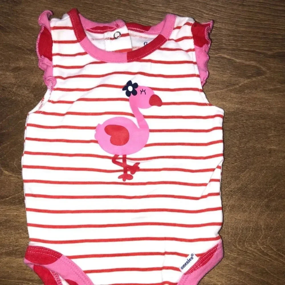 Gerber Little Girls 0-3 Months Pink & Red Striped Flamingo Onesie