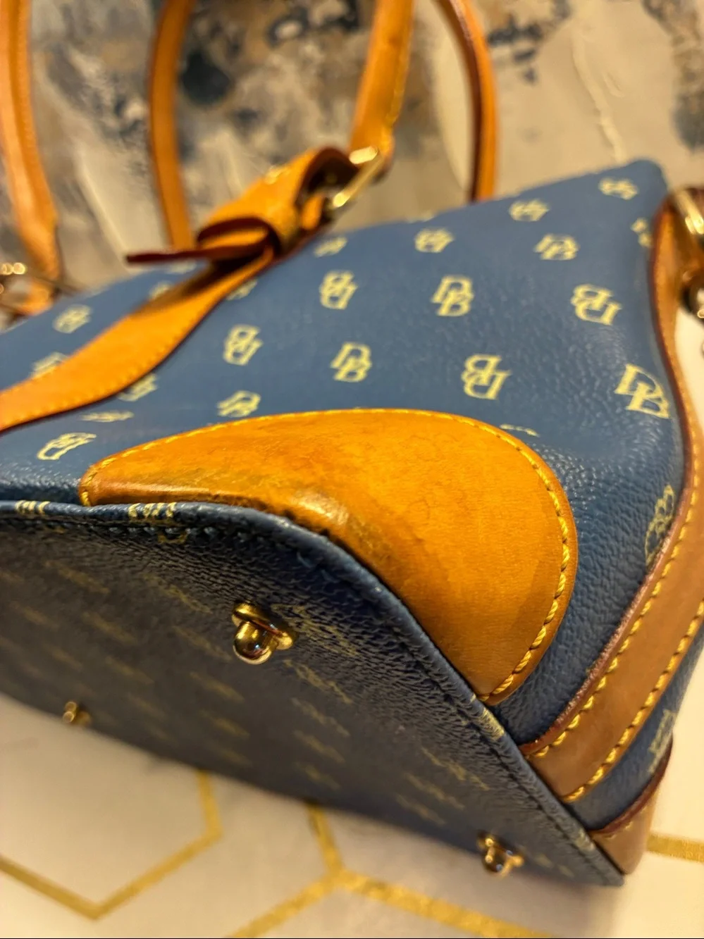 EUC Vintage Dooney and Bourke Blue Monogram Satchel with Tan Trim