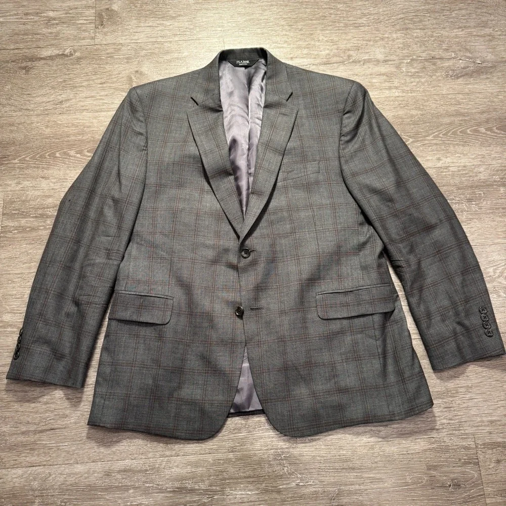 Jos A Bank Sport Coat 44 R‎ Gray Plaid Silk Wool Blend Two Button Blazer Jacket