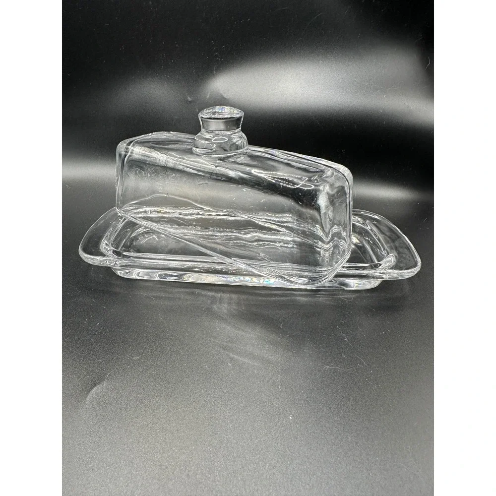 Vintage Clear Glass Butter Dish with Lid Rectangular Covered Serving Tray
