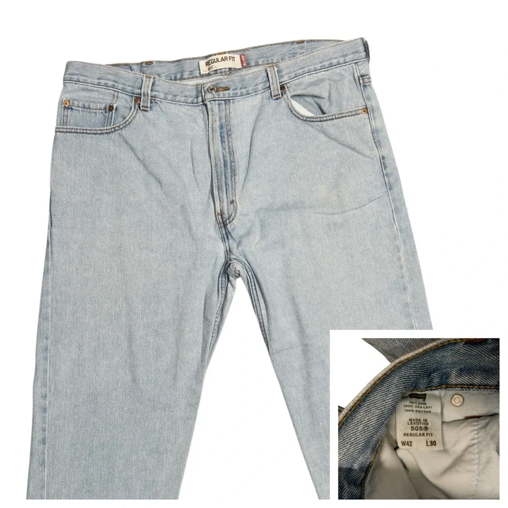 Vtg Levis 505 Regular Fit Jeans‎ Mens 42x30 Light Washed Patched Reinforced