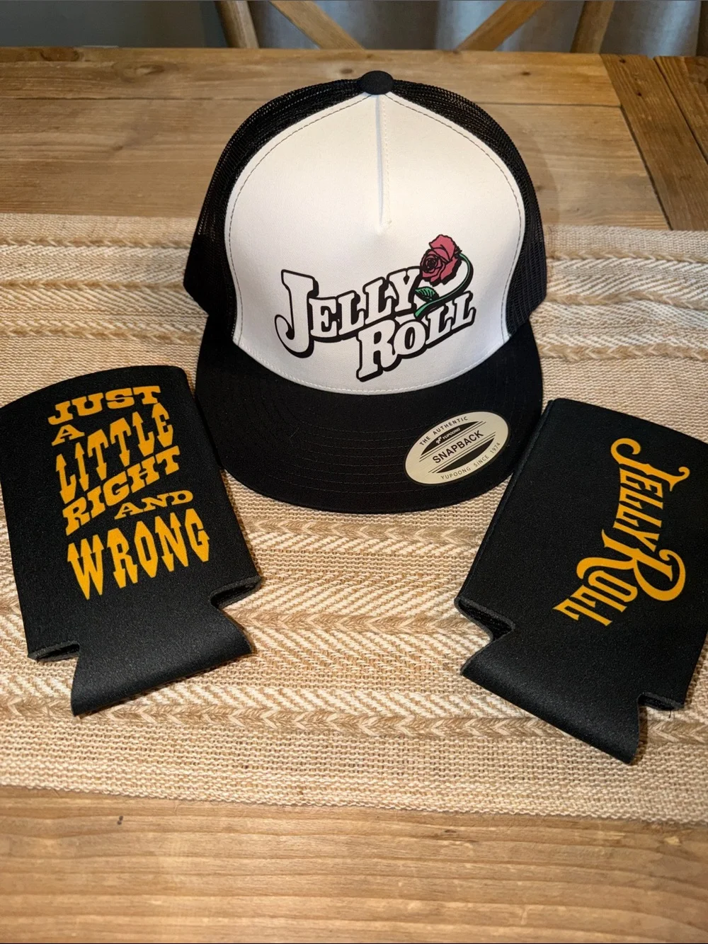 Jelly Roll Concert SnapBack Hat & Koozie’s Just a Little Right and Wrong