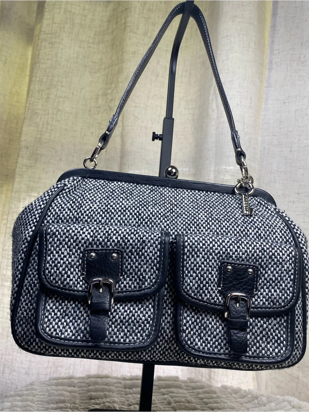 Vintage Y2K Fossil Tweed Satchel Handbag Double Pocket Frame Bag Black White