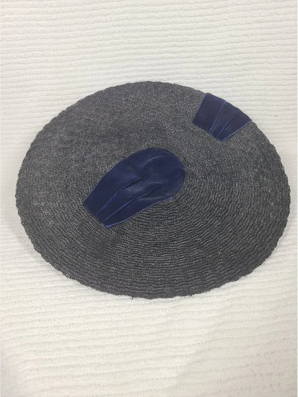 Vintage 1940s Saucer Hat Black Woven Straw Blue Silk Velvet Cloche Tilt Unique