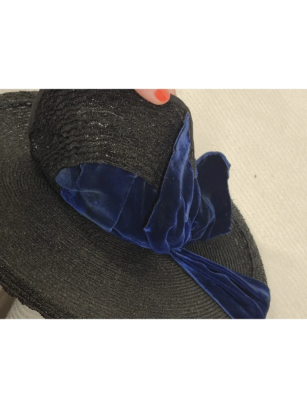 Vintage 1940s Saucer Hat Black Woven Straw Blue Silk Velvet Cloche Tilt Unique