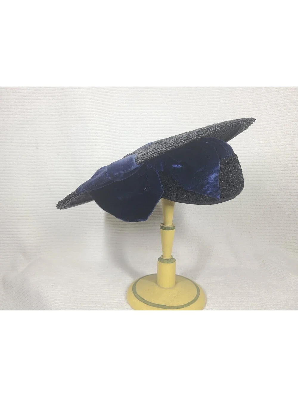 Vintage 1940s Saucer Hat Black Woven Straw Blue Silk Velvet Cloche Tilt Unique