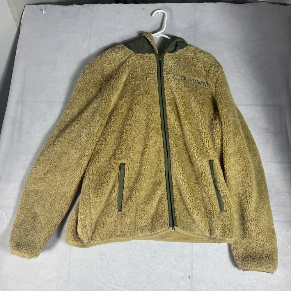 NWT‎ True Religion Mens Hoodie Tan Sherpa Fleece Hooded Full Zip Long Sleeve L
