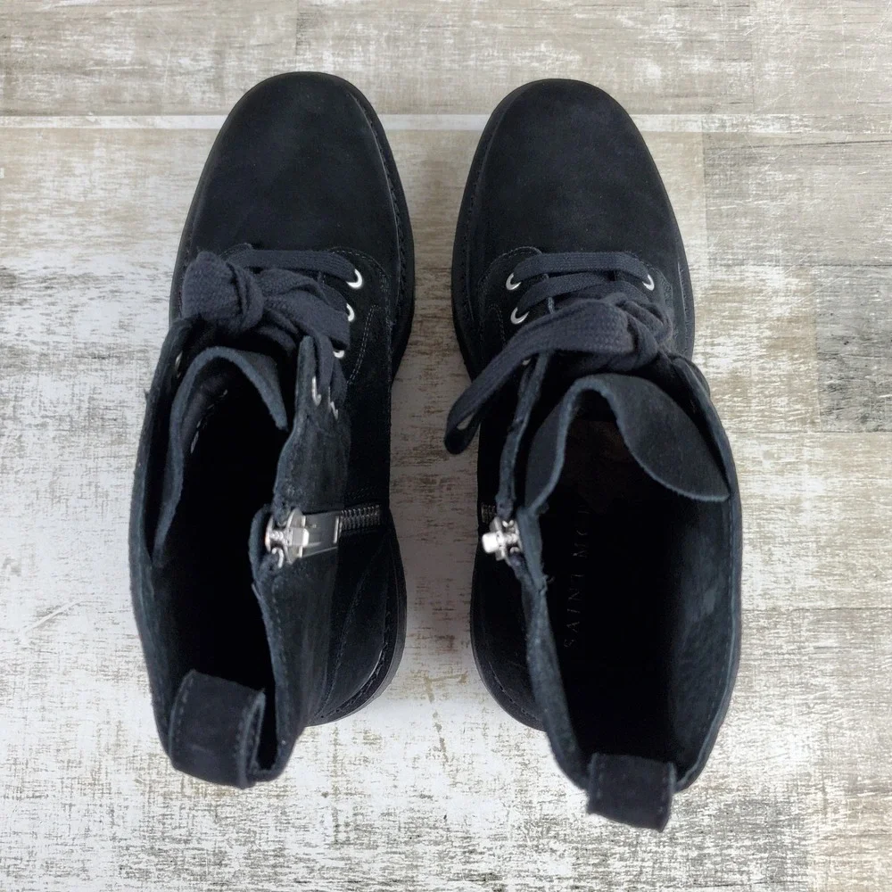 Saint Morta Chunky Mens Ankle Boots Sz 9 Black Leather Lace-Up Side Zipper