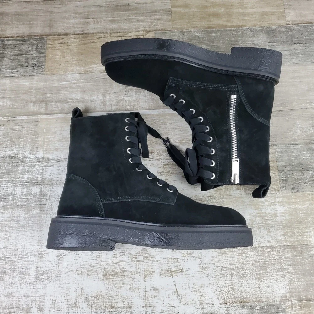 Saint Morta Chunky Mens Ankle Boots Sz 9 Black Leather Lace-Up Side Zipper