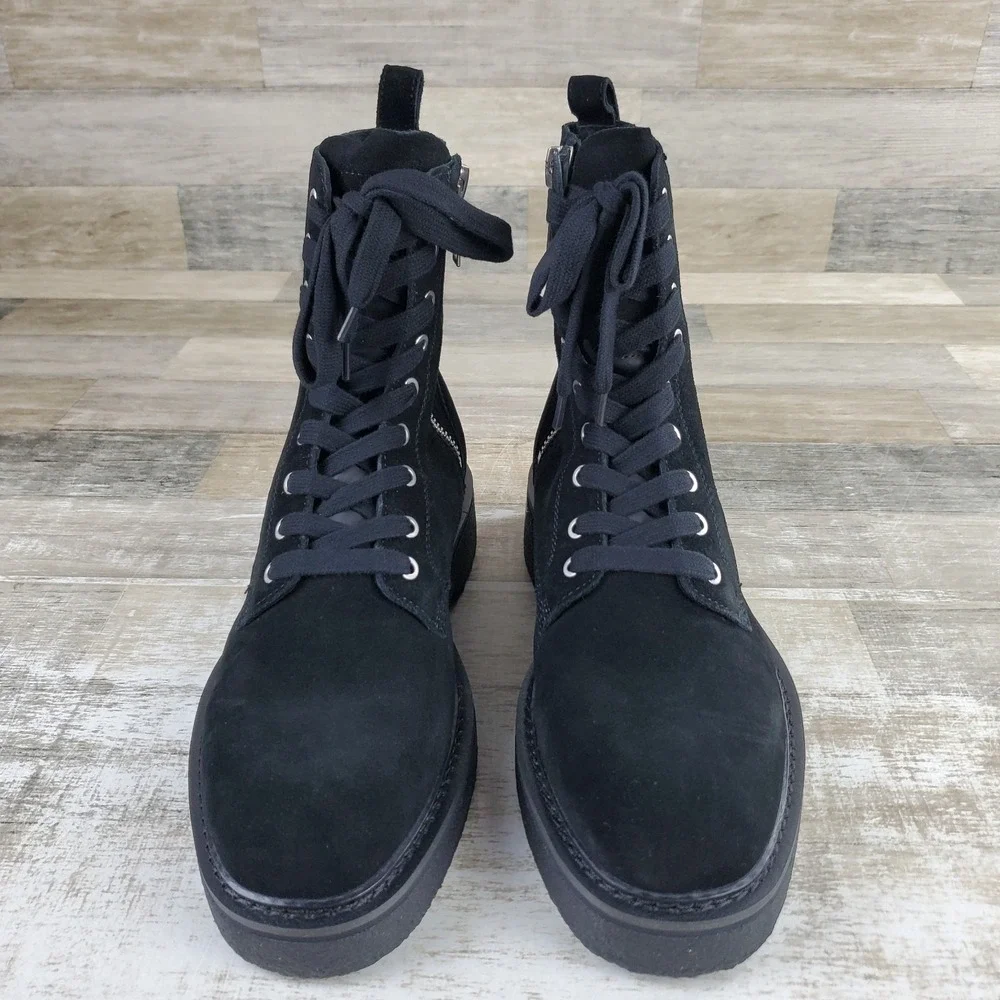 Saint Morta Chunky Mens Ankle Boots Sz 9 Black Leather Lace-Up Side Zipper