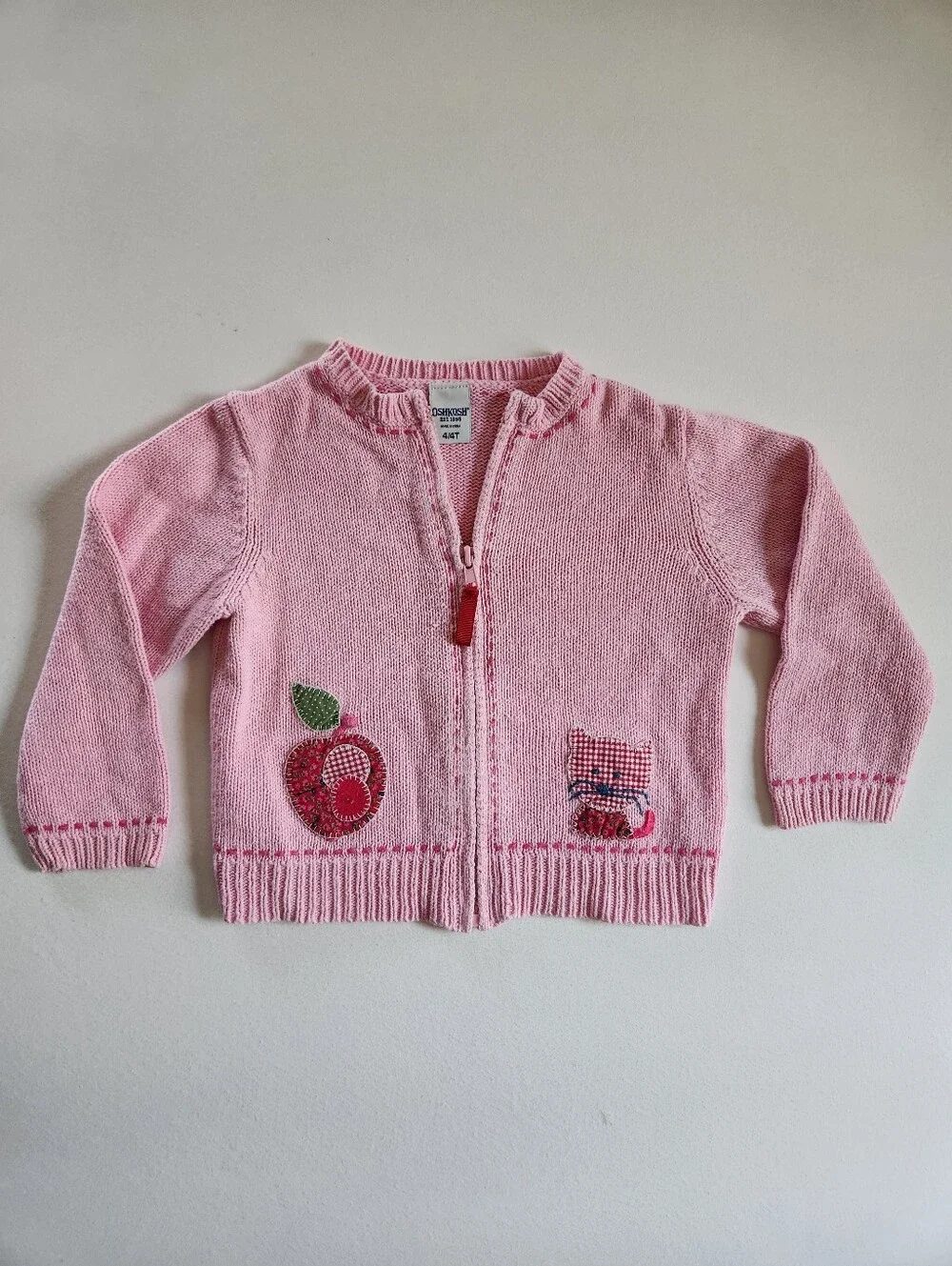 Cottagecore Patchwork Cat Apple Oshkosh Knit Pink Cardigan Sweater Sz 4/4T