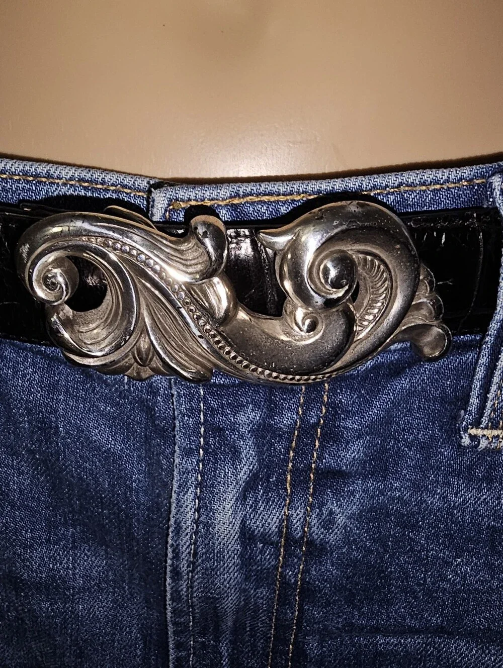 Vintage Brighton Black Leather Belt Silver Buckle Western 1995 Sz L 30