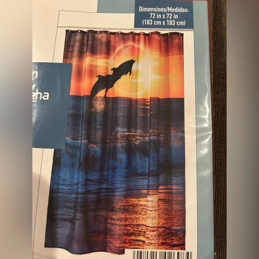 Dolphin Sunset Print Shower Curtain + 12 shower curtain rings hooks NWT