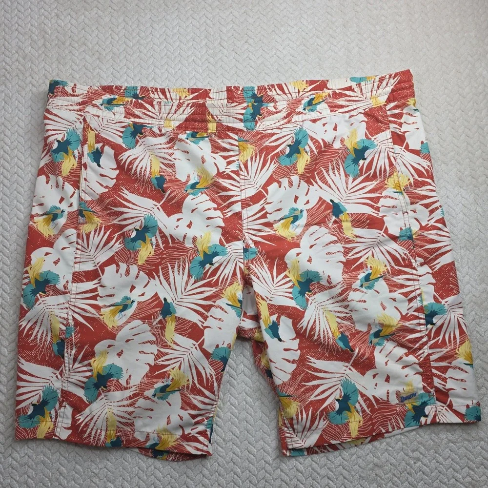 Duluth Trading Co Mens 2XL Tropical Bird Palm‎ Swim Trunks Red White 48 Waist