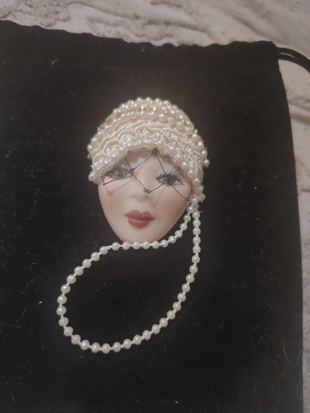Pearl Beaded Flapper Face Brooch