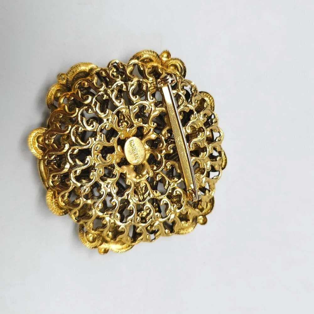 Vintage Freirich Gold Filigree Brooch Pin Victorian Style