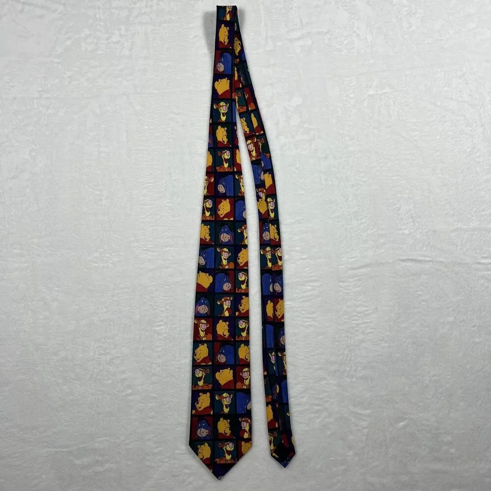 Disney Winnie the Pooh Mens Necktie Vintage Multicolor Character Squares Tie