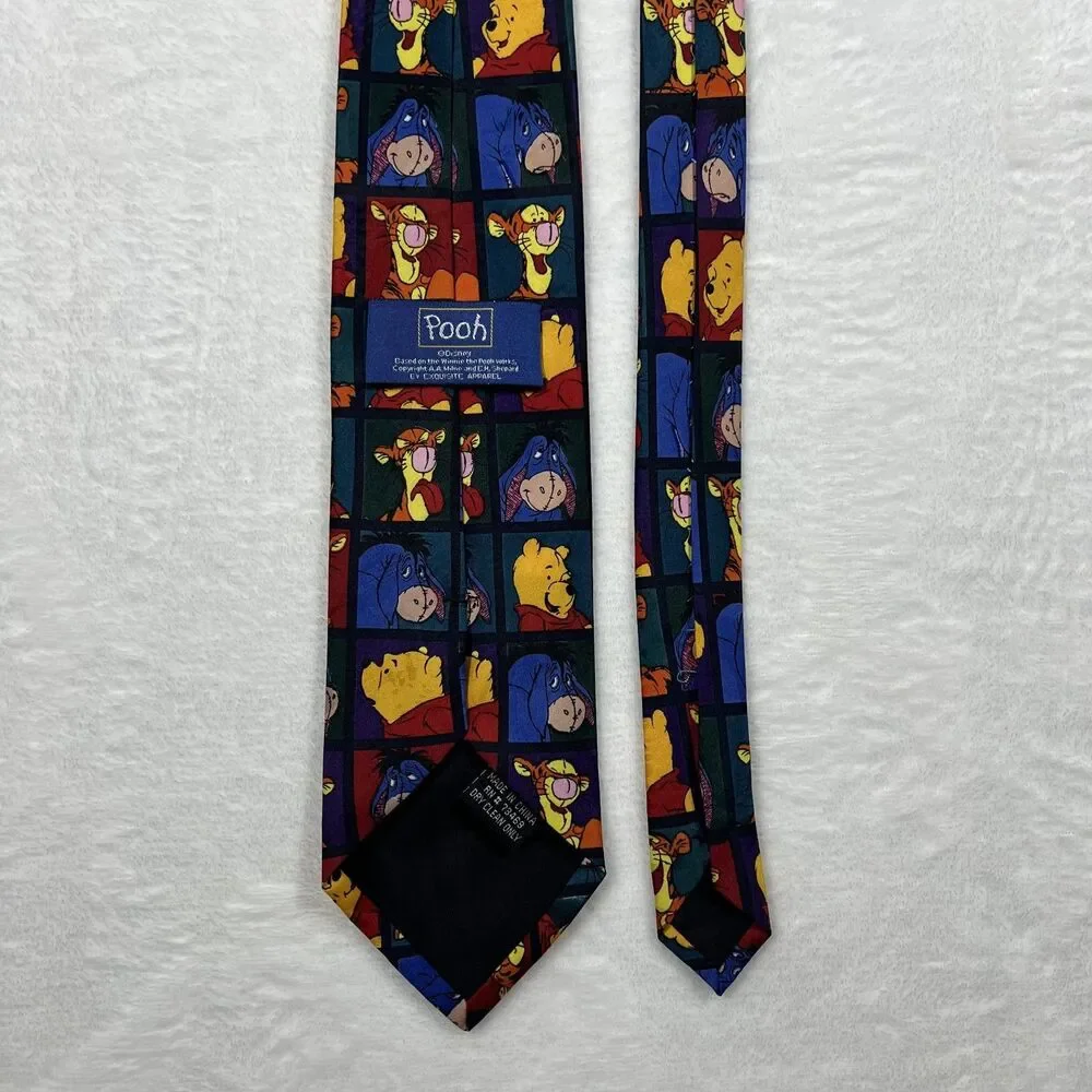 Disney Winnie the Pooh Mens Necktie Vintage Multicolor Character Squares Tie