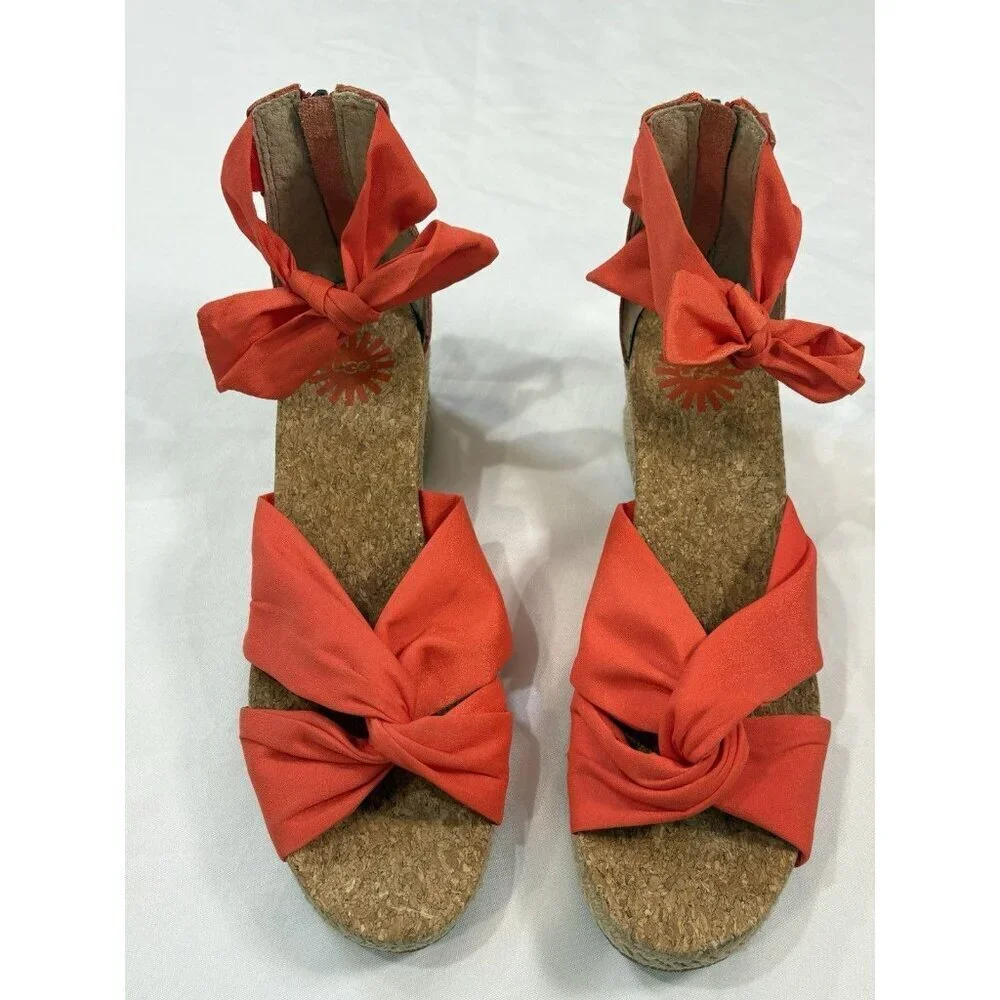 UGG Womens Yarrow Wedge Espadrille Sandal Size 9.5 Orange Ankle Tie