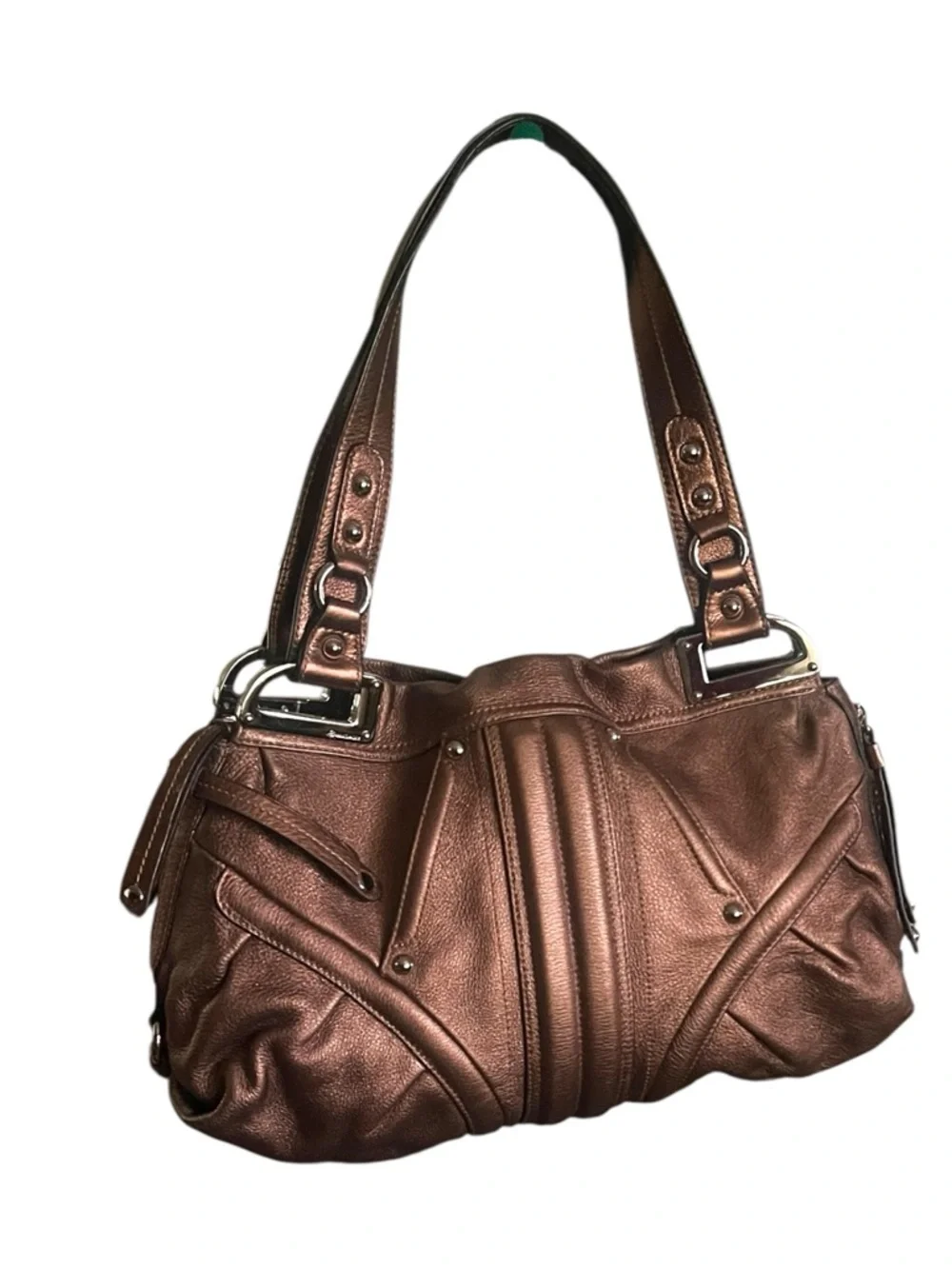 B.MAKOWSKY Monaco Hobo/Satchel metallic bronze pebbled leather handbag.