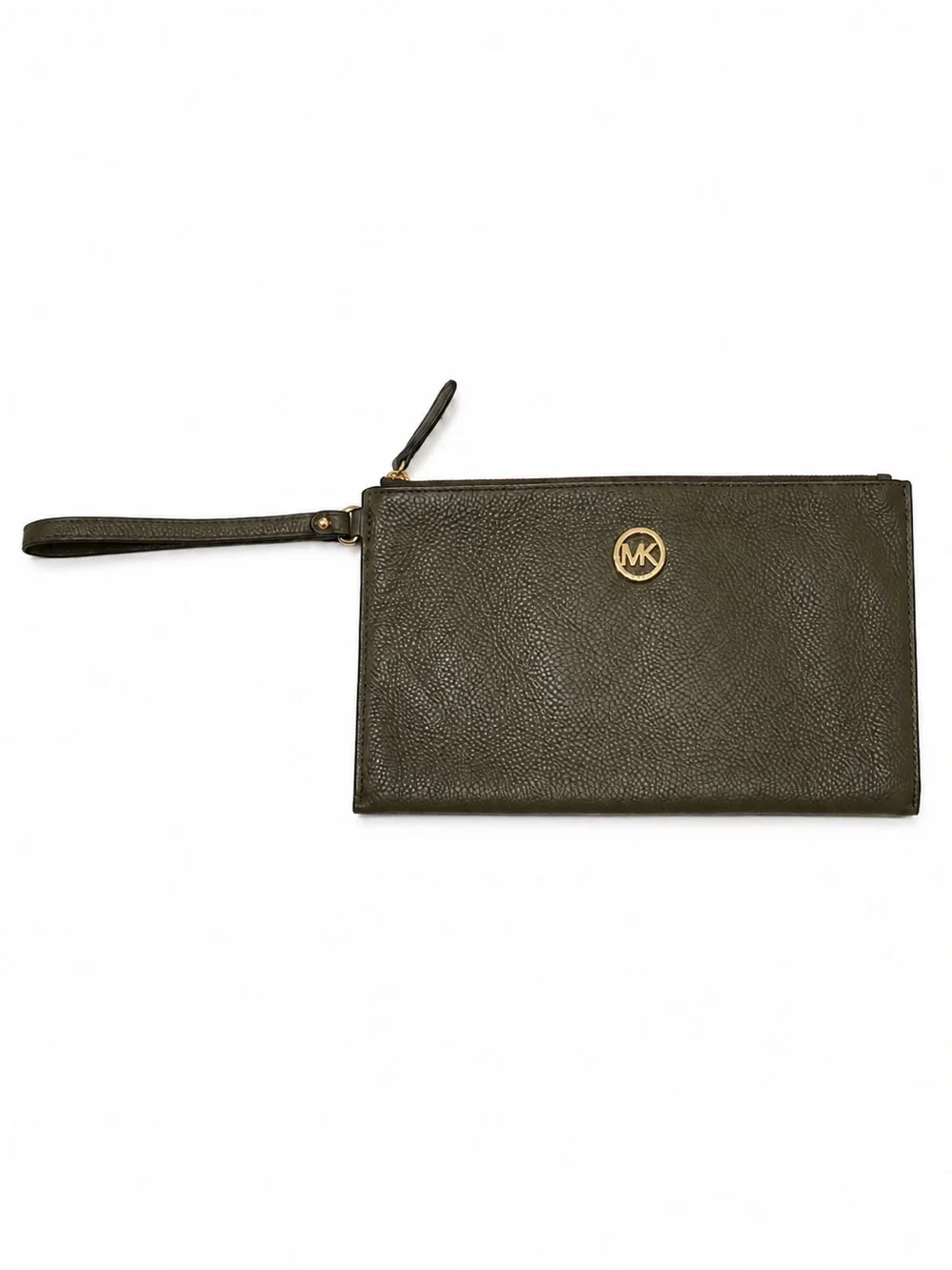 Michael Kors Fulton Large Leather Clutch Wristlet Olive Green Gold Logo