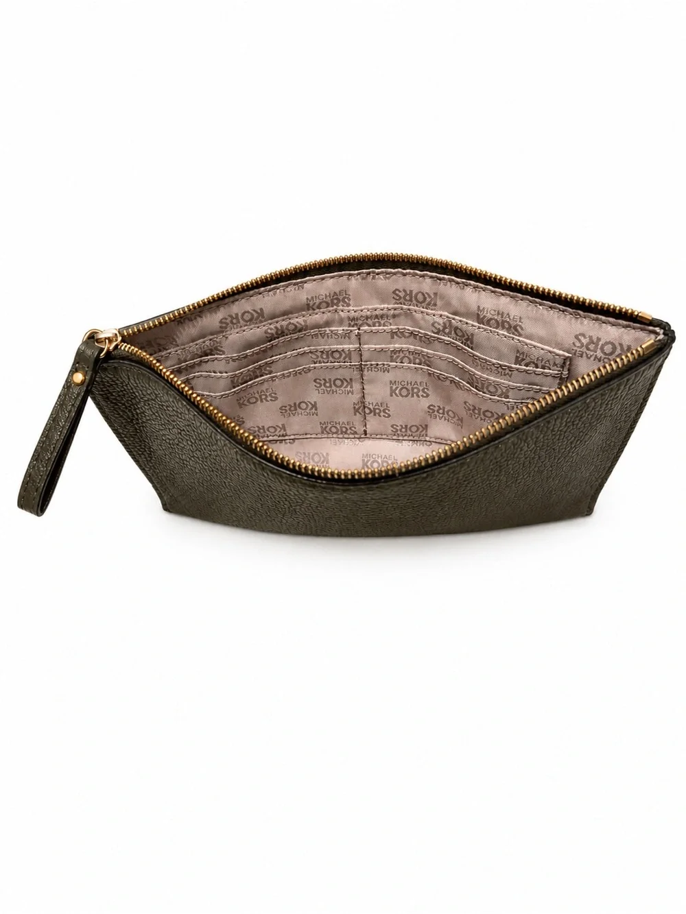 Michael Kors Fulton Large Leather Clutch Wristlet Olive Green Gold Logo