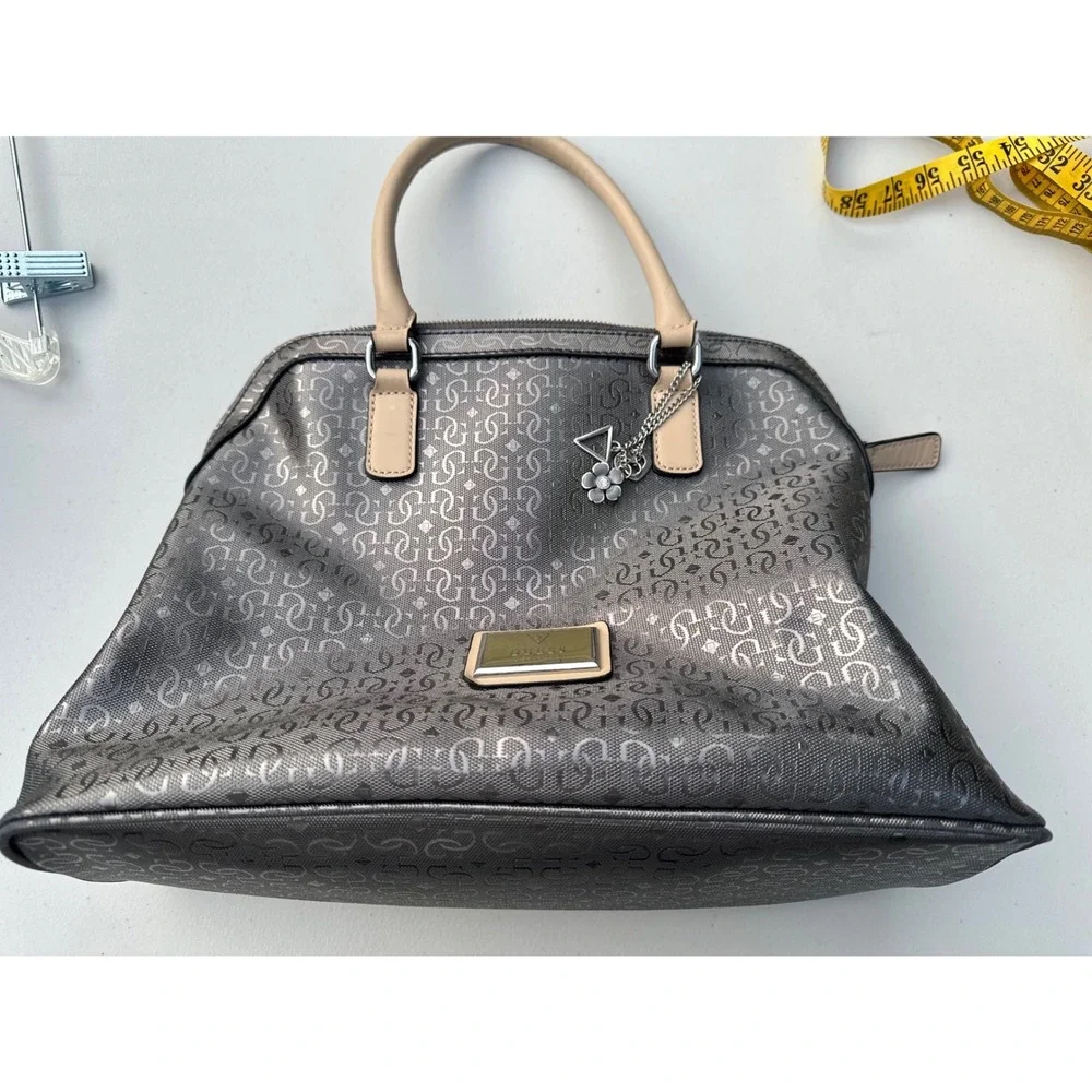 Guess Satchel Handbag Metallic Pewter Logo Embossed Tan Handles Leopard Lining