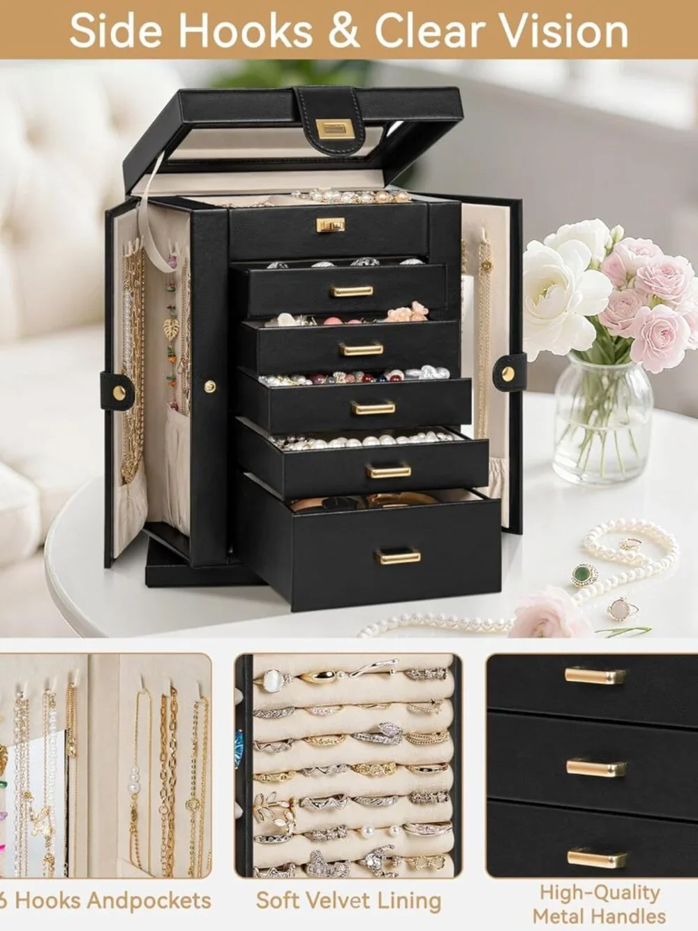 Elegant 6-Tier Leather Jewelry Organizer with Mirror & 360° Rotation