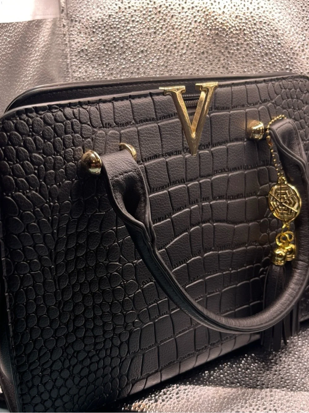 Black Croc-Texture Tote Bag with Gold Hardware