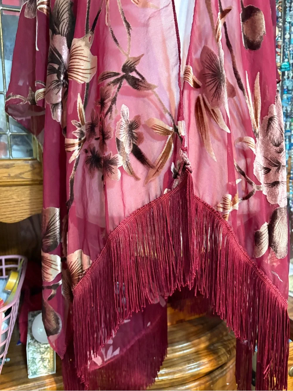 Roffe Burgundy Floral Chiffon Velvet Burnout Fringe Kimono os